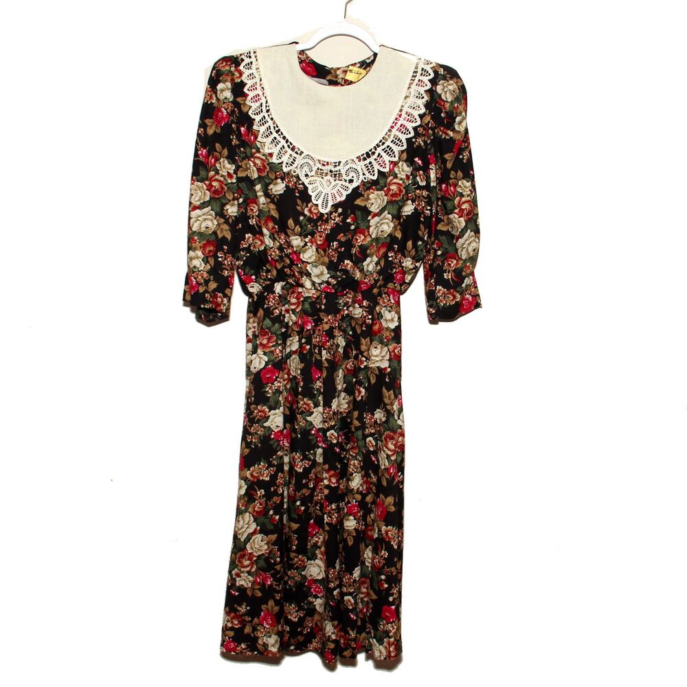 Vintage Lisa Petites 80s Lace Collar Floral Dress Size 10P Puff Sleeve ILGWU